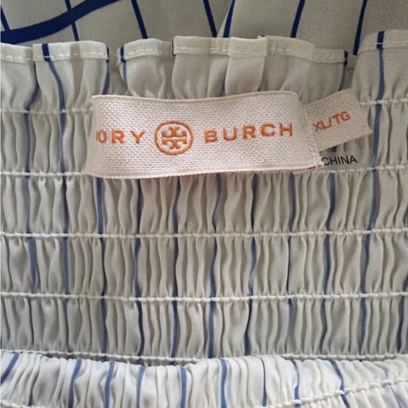 Tory Burch Striped Smocked-Bodice Ivory/Duchess Blue Midi Dress Size XL - Picture 4 of 7